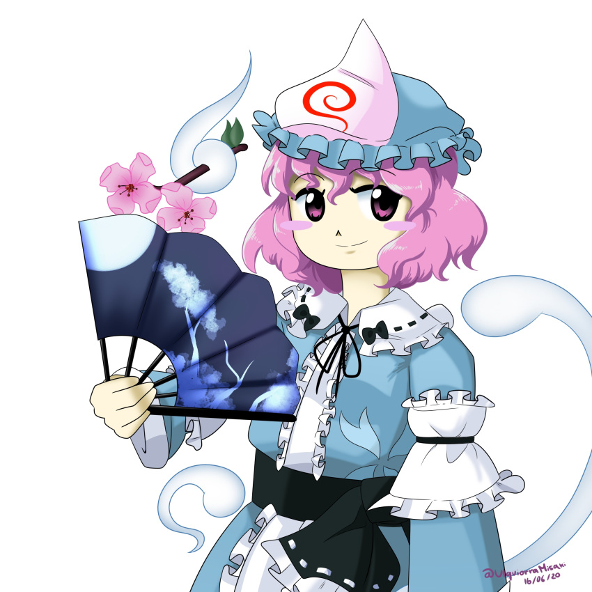 1girl ghost hat highres looking_at_viewer oota_jun'ya_(style) parody perfect_cherry_blossom pink_hair saigyouji_yuyuko short_hair simple_background smile solo style_parody touhou