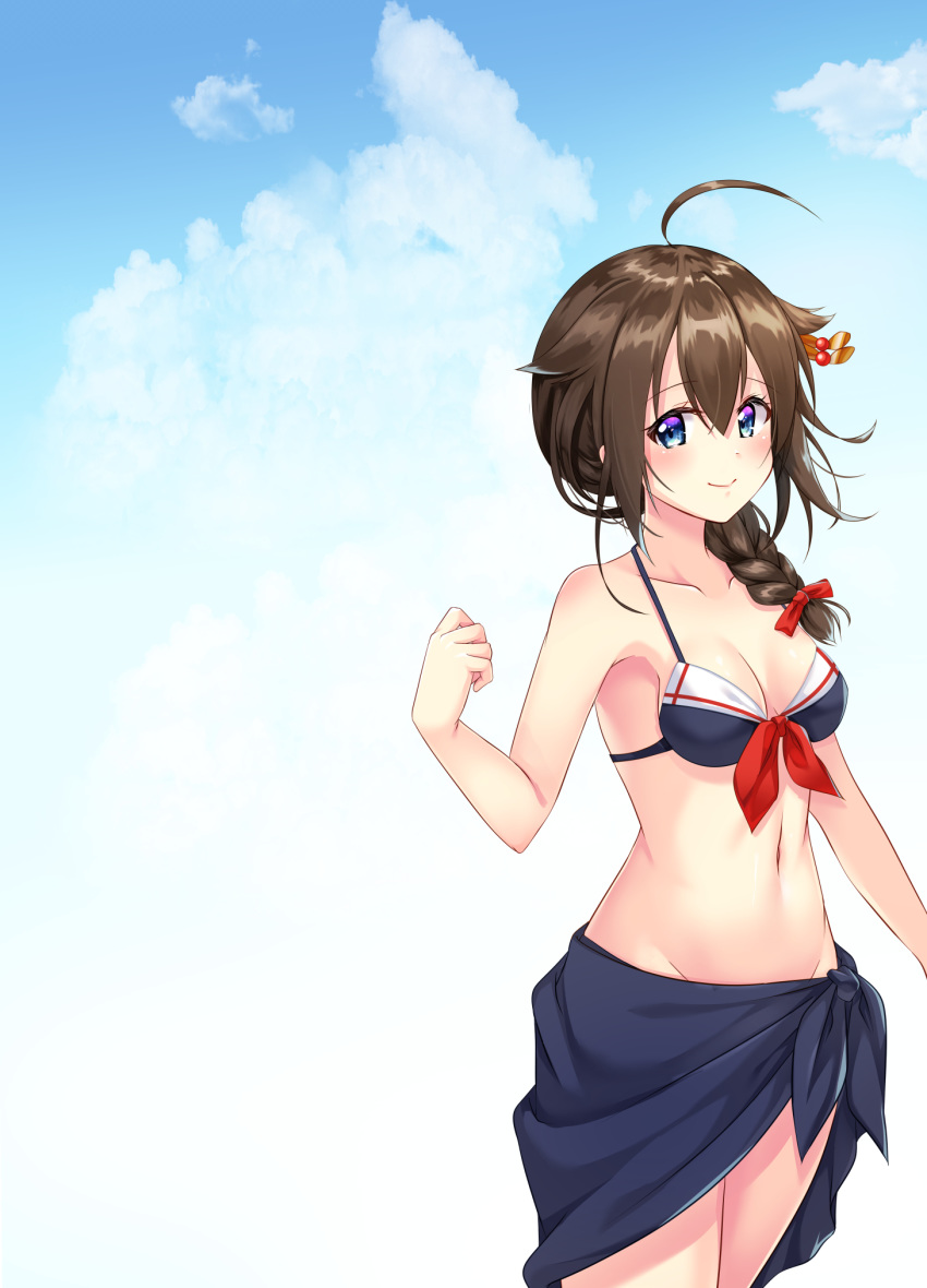 1girl ahoge bangs bare_shoulders bikini black_bikini black_sarong blue_eyes blue_sky blush braid brown_hair clouds commentary_request hair_flaps hair_ornament hair_over_shoulder highres kantai_collection kiiro_kurumi looking_at_viewer navel remodel_(kantai_collection) sailor_bikini sailor_collar sarong shigure_(kantai_collection) single_braid sky solo swimsuit