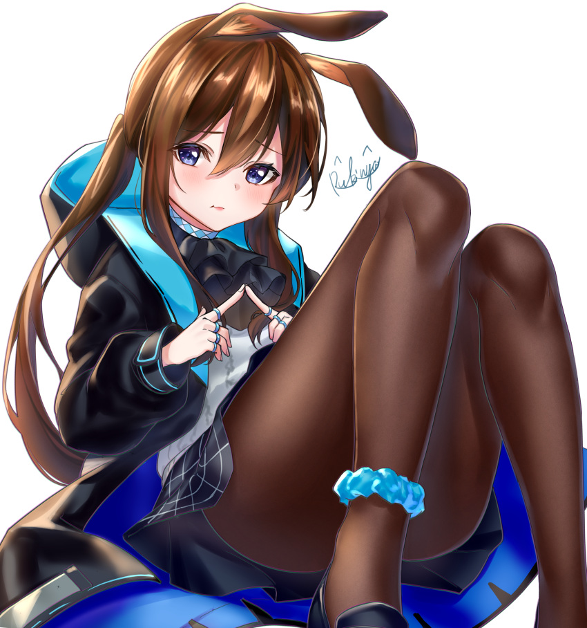 1girl :t absurdres amiya_(arknights) animal_ears ankle_scrunchie arknights ascot bangs black_footwear black_jacket black_neckwear black_skirt blue_eyes blue_scrunchie blush brown_hair brown_legwear closed_mouth commentary_request convenient_leg eyebrows_visible_through_hair feet_out_of_frame fingers_together hair_between_eyes highres hood hood_down hooded_jacket jacket jewelry knees_up long_hair long_sleeves looking_at_viewer open_clothes open_jacket pantyhose ponytail pout puffy_long_sleeves puffy_sleeves rabbit_ears ring rukinya_(nyanko_mogumogu) scrunchie shirt shoes sidelocks signature simple_background skirt solo very_long_hair white_background white_shirt