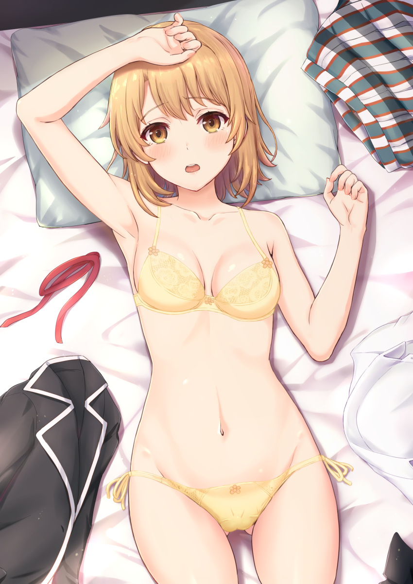 1girl arm_up ass_visible_through_thighs bangs black_jacket blush bra breasts collarbone eyebrows_visible_through_hair furrowed_eyebrows groin hand_up head_on_pillow highres inanaki_shiki isshiki_iroha jacket jacket_removed light_brown_hair looking_at_viewer lying navel on_back open_mouth panties red_ribbon ribbon ribbon_removed shirt shirt_removed short_hair side-tie_panties skirt skirt_removed small_breasts solo thighs tongue underwear underwear_only upper_teeth white_shirt yahari_ore_no_seishun_lovecome_wa_machigatteiru. yellow_bra yellow_eyes yellow_panties