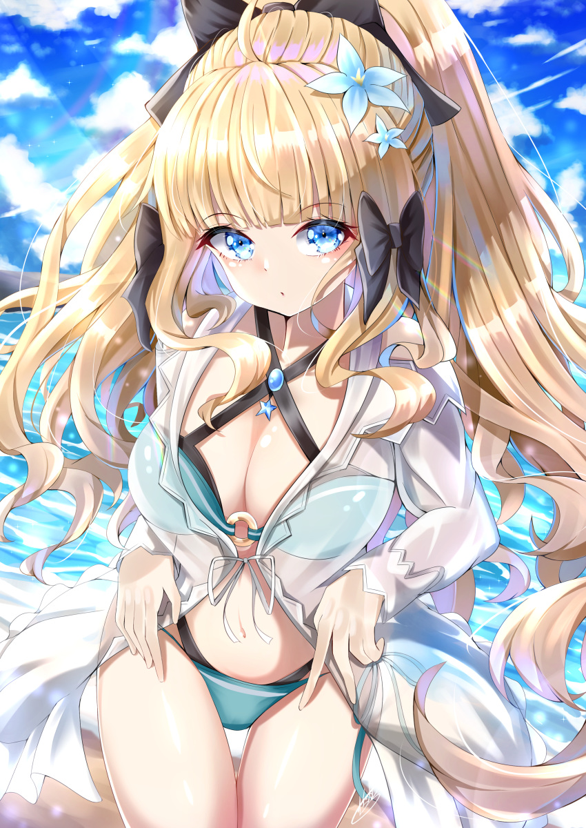 1girl absurdres bangs bikini black_bow blonde_hair blue_eyes blush bow breasts elf eyebrows_visible_through_hair flower hair_bow hair_flower hair_ornament highres large_breasts long_hair pointy_ears ponytail princess_connect! princess_connect!_re:dive saren_(princess_connect!) solo swimsuit takemura-kou0606