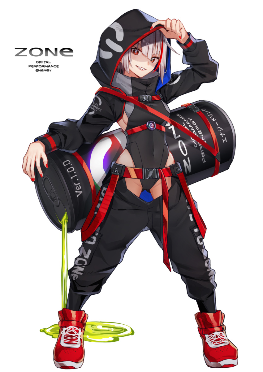 1girl arm_up bangs black_leotard black_pants breasts can character_request commentary_request covered_navel crotchless crotchless_pants dive_to_zone energy_drink eyebrows_visible_through_hair full_body grin groin hair_between_eyes high_collar highres hood hood_up leotard long_sleeves looking_at_viewer multicolored_hair nail_polish oversized_object pants power_symbol puffy_long_sleeves puffy_sleeves red_eyes red_footwear red_nails redhead sharp_teeth shoes shrug_(clothing) silver_hair simple_background small_breasts smile solo spilling standing streaked_hair tapioka_(oekakitapioka) teeth white_background