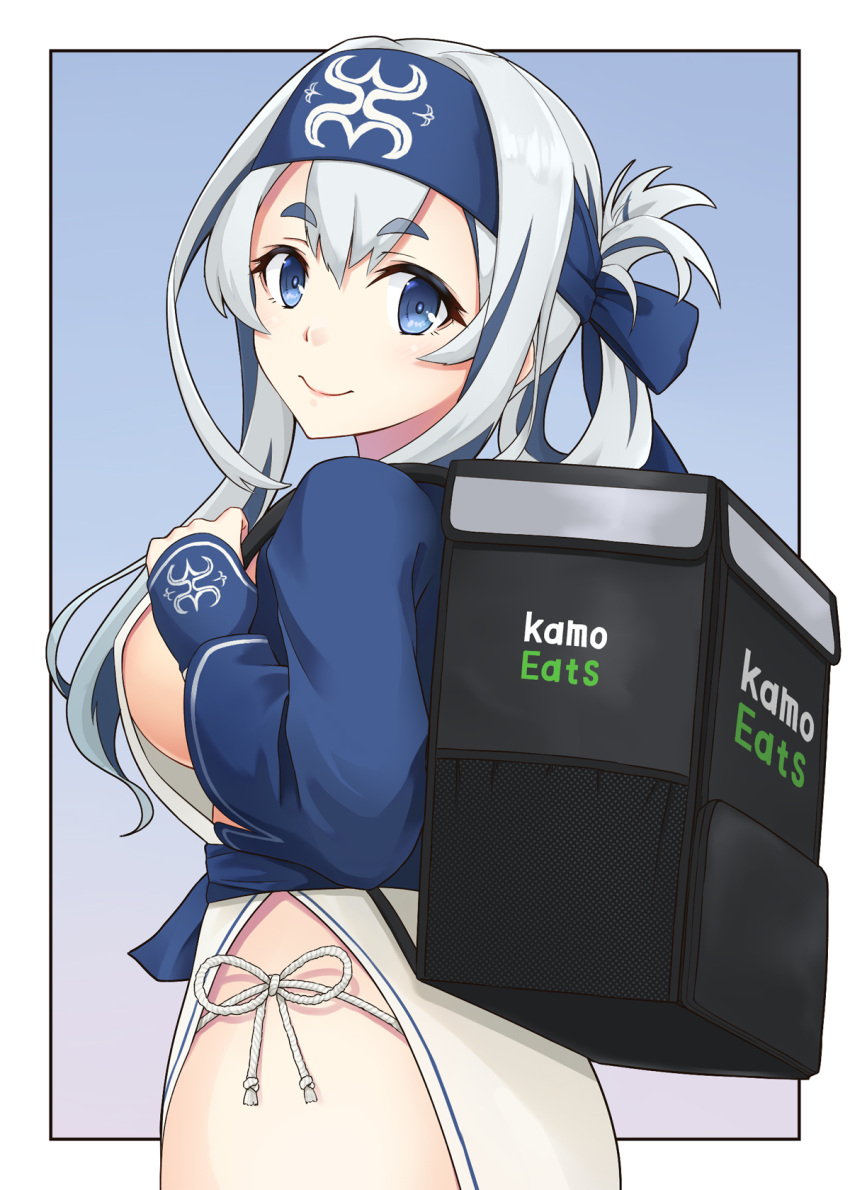 1girl ainu_clothes backpack bag bandana bangs blue_eyes blush breasts cropped_jacket eyebrows_visible_through_hair folded_ponytail fundoshi highres japanese_clothes kamoi_(kantai_collection) kantai_collection kodama_(mmt_uf) large_breasts long_hair long_sleeves parody pelvic_curtain ponytail sideboob sidelocks silver_hair simple_background smile solo two-tone_background uber_eats wrist_guards