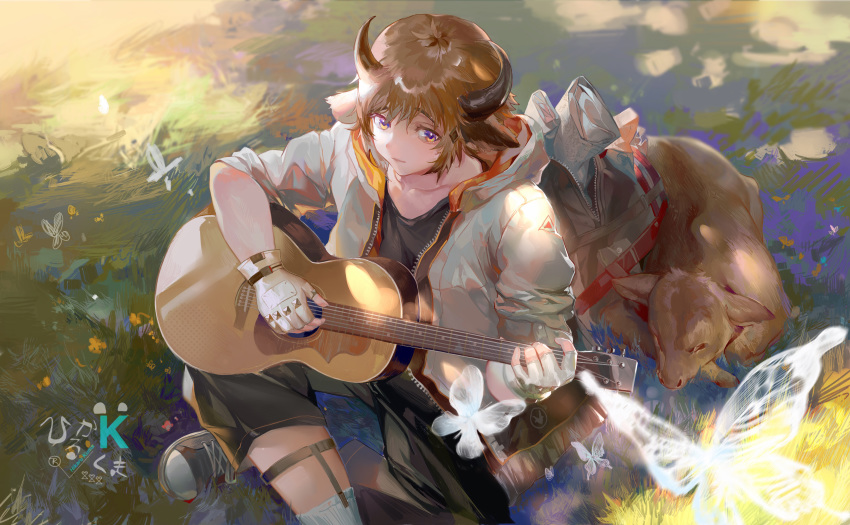 1boy absurdres acoustic_guitar animal_ears arknights backpack bag bison_(arknights) brown_hair bug butterfly calf commentary_request cow cow_ears cow_horns crossed_legs daylightallure fingerless_gloves from_above gloves grass guitar highres horns insect instrument jacket long_sleeves male_focus open_backpack shoes short_hair signature sitting sleeves_rolled_up sneakers solo violet_eyes