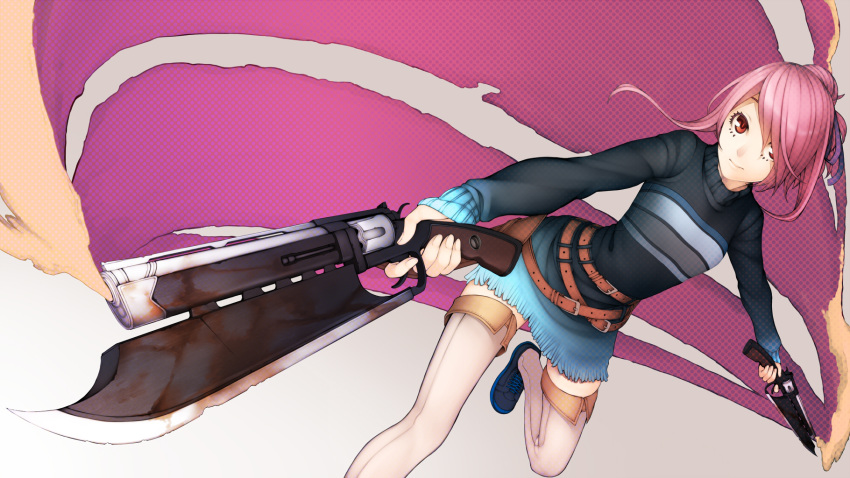 1girl belt black_footwear blade closed_mouth dual_wielding fingernails gradient gradient_clothes gun highres holding holding_gun holding_weapon medium_hair multicolored multicolored_clothes original patterned patterned_background pink_hair red_eyes rust sleeves_past_wrists smile smoke solo weapon white_legwear zenmaibook