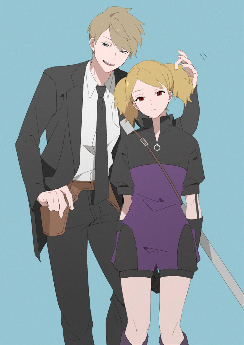 1boy 1girl arms_at_sides bangs black_gloves black_jacket black_neckwear black_pants blonde_hair blue_background blue_eyes boots breast_pocket closed_mouth collared_shirt expressionless feet_out_of_frame formal frown gloves hair_tousle half-closed_eyes hand_up height_difference highres holster inukai_sumiharu jacket kuroe_futaba looking_at_viewer necktie o-ring open_clothes open_jacket pants parted_lips pocket red_eyes shirt short_jumpsuit short_sleeves short_twintails simple_background smile standing suit swept_bangs sword twintails uniform weapon weapon_on_back white_shirt world_trigger yawai_tofu