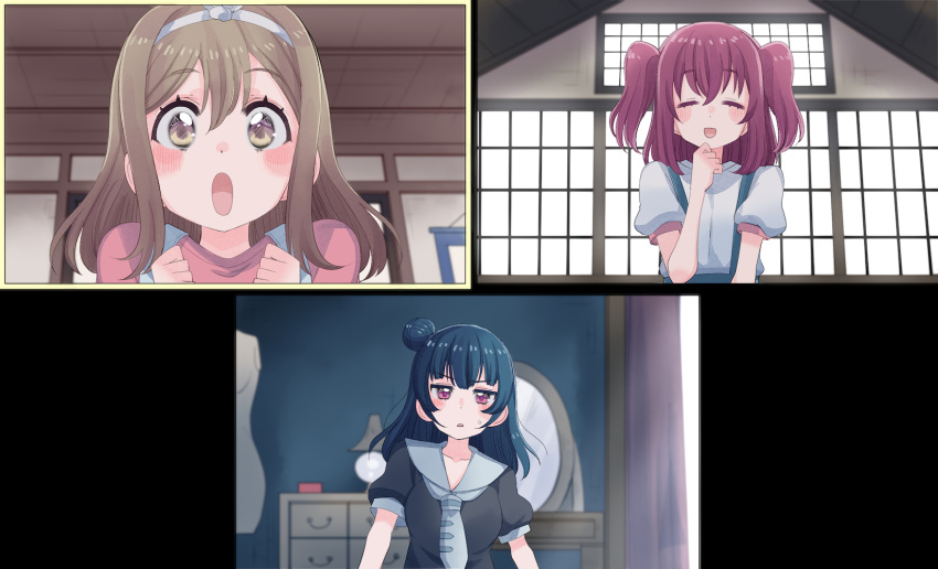 :o arms_at_sides black_blouse blouse blue_hair blue_neckwear blush brown_eyes chest_of_drawers closed_eyes commentary cream_(nipakupa) excited facing_viewer hair_bun hairband hand_on_own_face highres indoors kunikida_hanamaru kurosawa_ruby light_brown_hair looking_at_viewer love_live! love_live!_sunshine!! mannequin mirror overalls red_eyes red_shirt redhead sailor_collar shirt side_bun tsushima_yoshiko twintails video_call white_blouse window