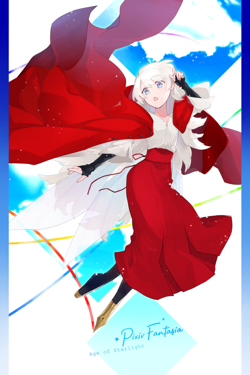 black_legwear blue_eyes cape crise full_body hand_up highres long_hair looking_at_viewer pen pixiv_fantasia pixiv_fantasia_age_of_starlight red_cape red_skirt skirt virginia_(pixiv_fantasia_age_of_starlight) white_hair