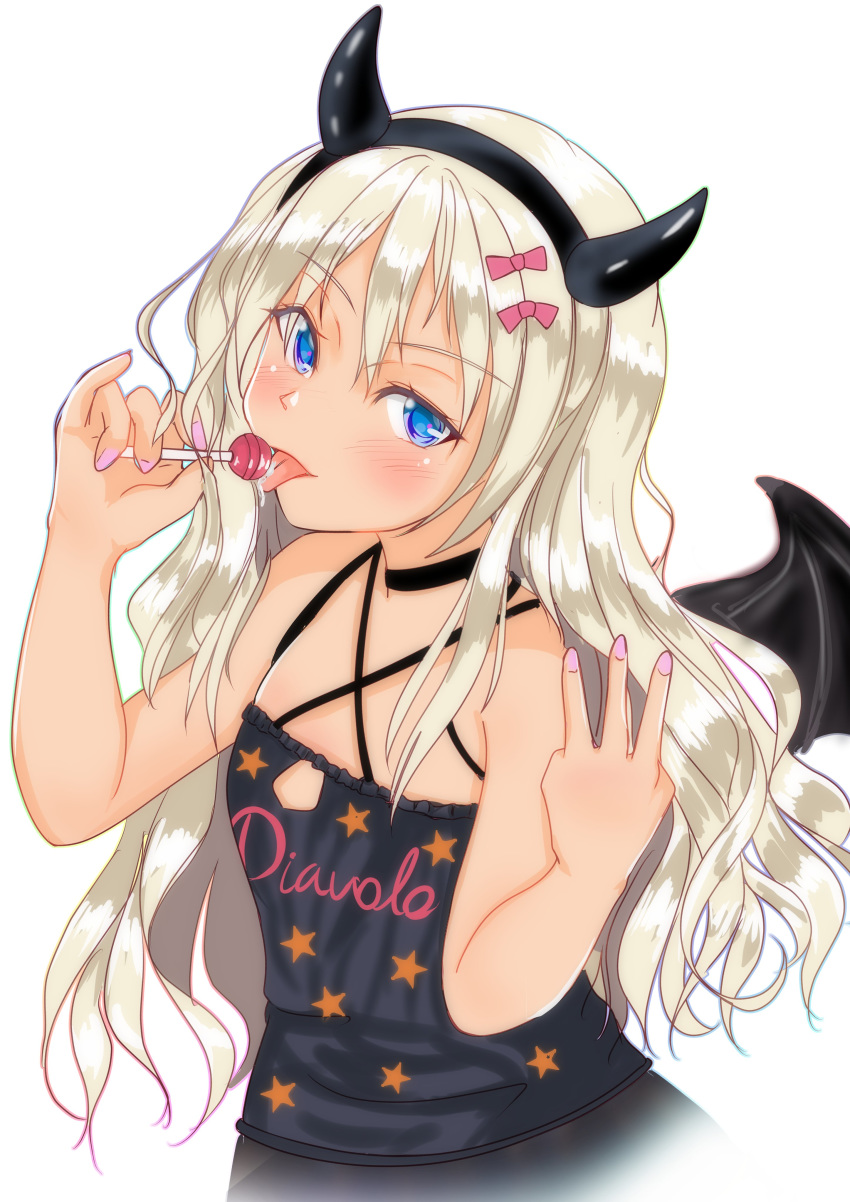 1girl absurdres bat_wings blonde_hair blue_eyes candy clothes_writing commentary_request food grecale_(kantai_collection) highres kantai_collection licking lollipop long_hair looking_at_viewer nitamago_(sakamalh) simple_background solo tan tank_top upper_body wavy_hair white_background wings