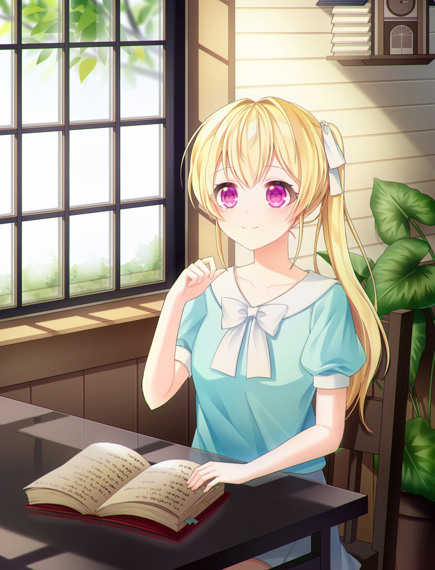 1girl absurdres aqua_shirt bang_dream! bangs blonde_hair blue_shirt book bow chair collarbone commentary_request day eyebrows_visible_through_hair hair_between_eyes hair_ornament hair_ribbon hand_up hara_(xper8243) highres huge_filesize indoors long_hair looking_at_viewer on_chair open_book pink_eyes plant pleated_skirt puffy_short_sleeves puffy_sleeves ribbon shirasagi_chisato shirt short_sleeves sidelocks sitting skirt smile solo violet_eyes white_bow white_ribbon window