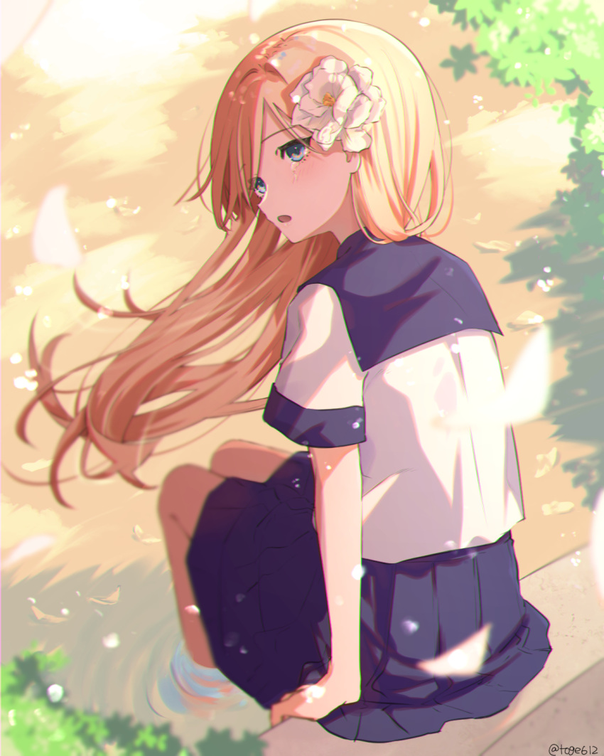 1girl amopui blonde_hair blue_eyes blue_serafuku blue_skirt crying flower hair_flower hair_ornament highres long_hair looking_at_viewer open_mouth original outdoors petals petals_on_liquid pleated_skirt school_uniform serafuku sitting skirt water