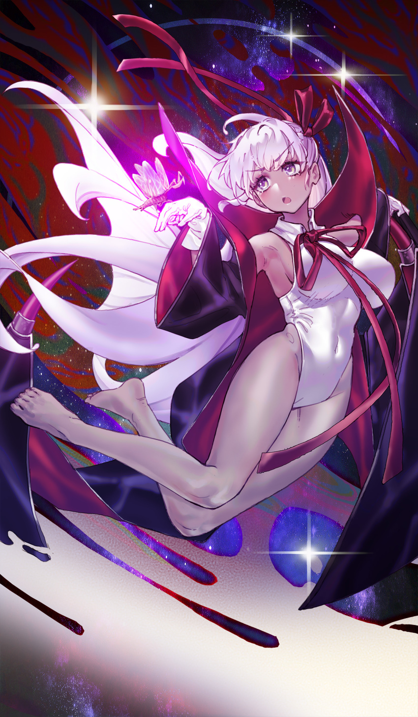 1girl absurdres armpits bangs bare_shoulders barefoot bat_wings bb_(fate)_(all) bb_(swimsuit_mooncancer)_(fate) black_coat breasts coat dark_skin fate/grand_order fate_(series) feet gloves hair_ribbon highleg highleg_leotard highres lalu_(pixiv3307500) large_breasts legs leotard long_hair looking_to_the_side neck_ribbon open_clothes open_coat open_mouth popped_collar praying_mantis purple_hair red_ribbon ribbon sky space sparkle star_(sky) tan thighs vampire_costume very_long_hair violet_eyes white_gloves white_leotard wings