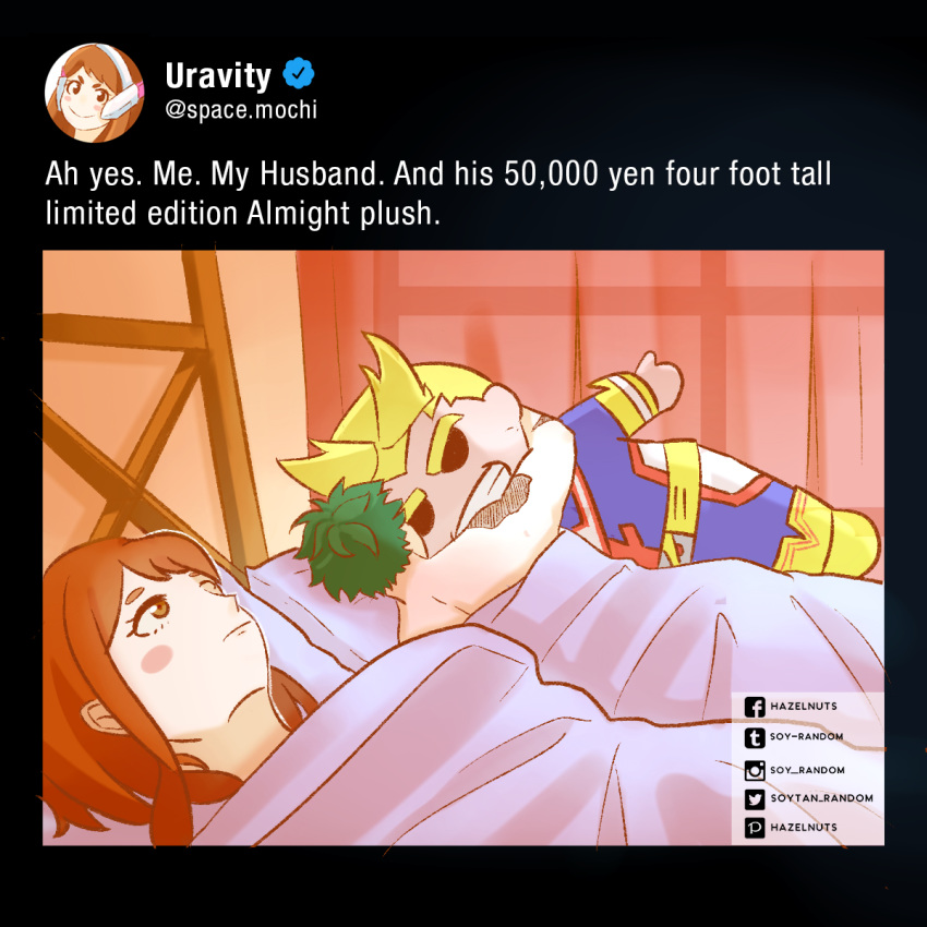 1boy 1girl 500_dollar_four_foot_tall_mareep all_might bed bed_sheet blanket blush_stickers boku_no_hero_academia brown_hair character_name couple english_commentary green_hair hazelnuts_(soy_random) highres holding_stuffed_toy hug indoors lying meme midoriya_izuku object_hug on_side scar short_hair sleeping stuffed_toy under_covers uraraka_ochako watermark