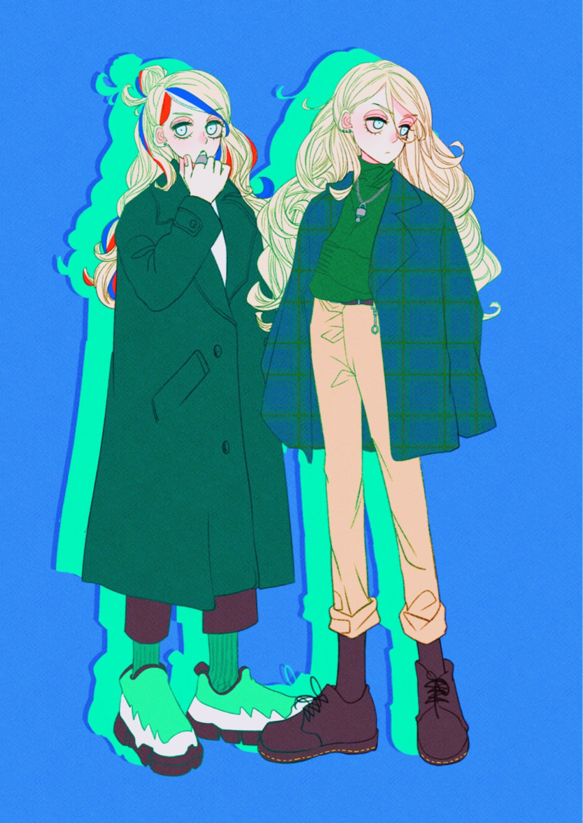 2girls alternate_costume anno88888 aqua_eyes bangs blonde_hair blue_background blue_hair breasts brown_footwear closed_mouth coat commandant_teste_(kantai_collection) eyebrows_visible_through_hair full_body green_footwear green_sweater hair_bun highres jacket jacket_on_shoulders jewelry kantai_collection long_hair long_sleeves multicolored_hair multiple_girls necklace outline pants redhead richelieu_(kantai_collection) ring simple_background socks standing streaked_hair sweater turtleneck turtleneck_sweater