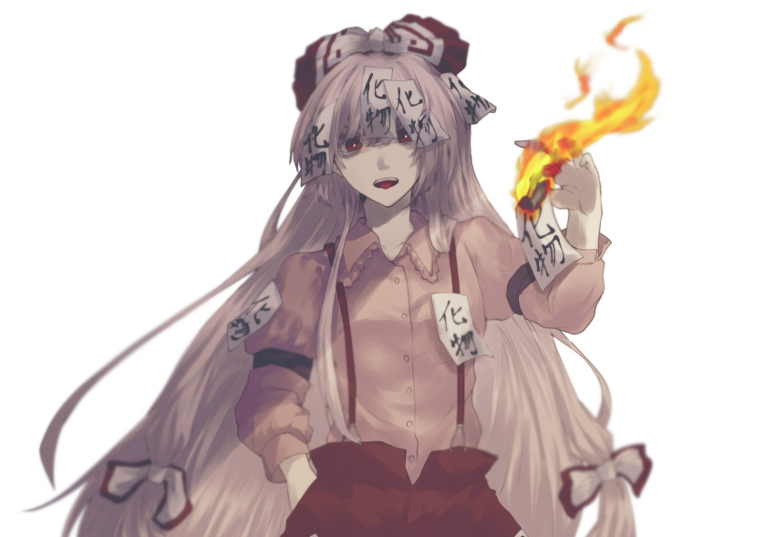 1girl arm_garter baggy_pants bangs beige_shirt blunt_bangs blurry blurry_background bow bright_pupils burning buttons collared_shirt commentary_request cowboy_shot fire flame flaming_hand floating_hair frilled_shirt_collar frills fujiwara_no_mokou grey_hair hair_bow hand_in_pocket hand_up highres hime_cut juliet_sleeves long_hair long_sleeves looking_at_viewer masochism ofuda_on_clothes open_mouth pants puffy_sleeves red_bow red_eyes red_pants shirt sidelocks simple_background solo somei_ooo suspenders tongue tongue_out touhou upper_teeth very_long_hair white_background white_bow white_pupils