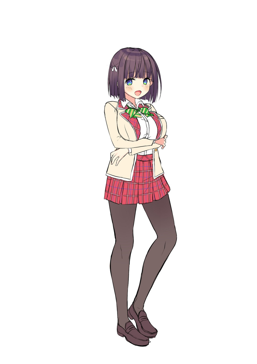 1girl :d asa_no_ha bangs black_footwear black_hair black_legwear blue_eyes bow bowtie breasts crossed_arms green_bow hair_ribbon highres large_breasts open_mouth original ousaka_rina pantyhose plaid plaid_skirt red_skirt ribbon short_hair simple_background skirt smile solo white_background