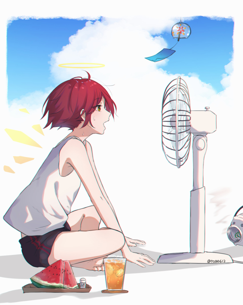 amopui arknights clouds exusiai_(arknights) fan food fruit halo highres juice melon red_eyes redhead short_hair shorts sitting solo summer sweat tank_top