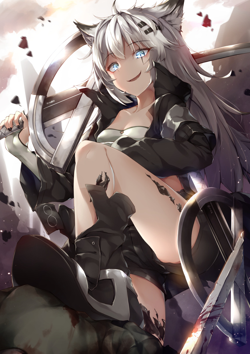 1girl :d absurdres animal_ear_fluff animal_ears arknights bandeau bangs bare_legs black_footwear black_jacket black_nails blood bloody_weapon blue_eyes boots commentary_request eyebrows_visible_through_hair gloves hair_ornament hairclip high_collar highres holding holding_sword holding_weapon jacket lappland_(arknights) long_hair long_sleeves looking_at_viewer nail_polish open_clothes open_jacket open_mouth ore_lesion_(arknights) over_shoulder scar scar_across_eye silver_hair smile solo strapless sword thighs tubetop weapon weapon_over_shoulder white_gloves wolf_ears yuki_kawachi
