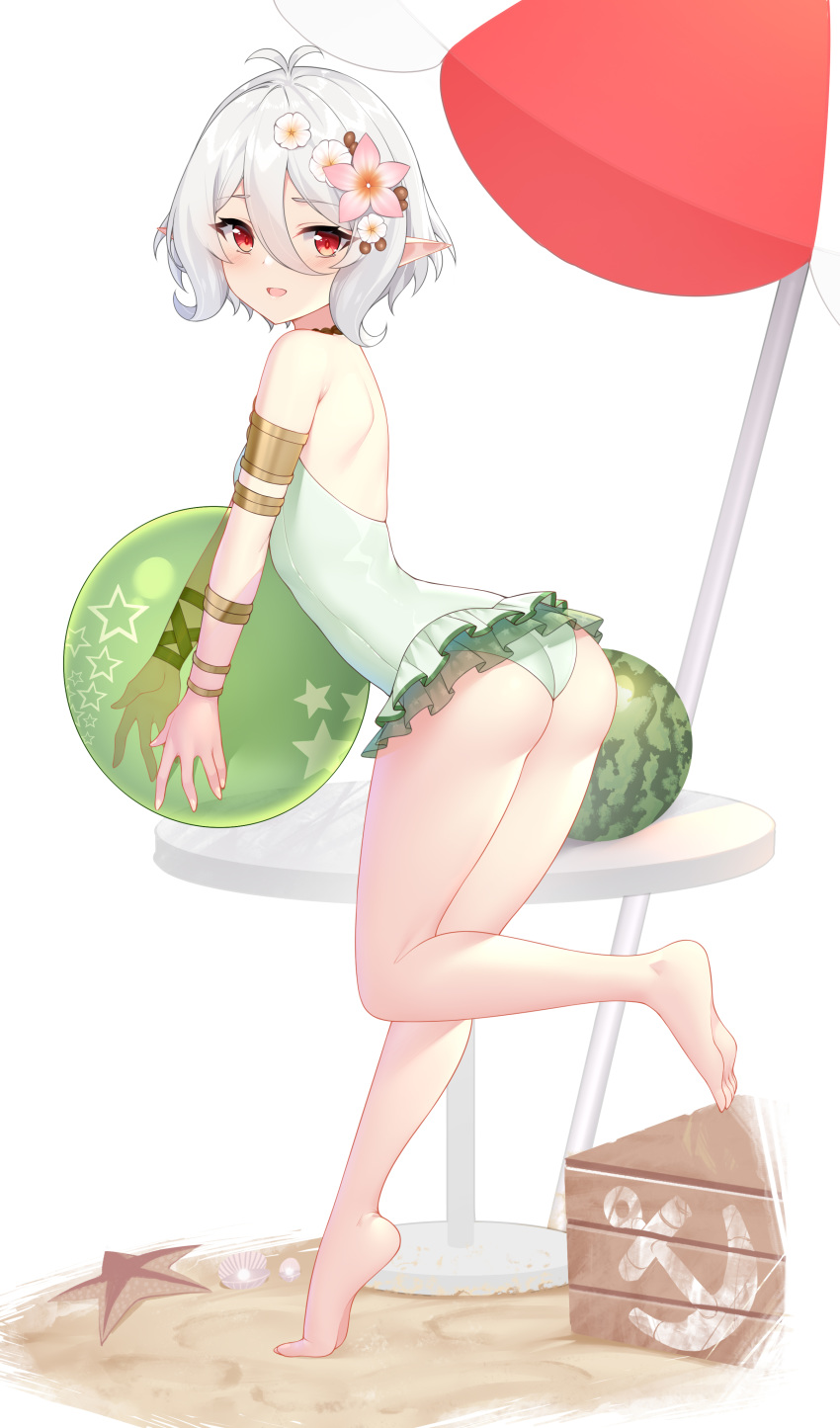 1girl absurdres anchor_symbol antenna_hair ass bangs bare_legs bare_shoulders barefoot bikini blush commentary_request eyebrows_visible_through_hair flower food frills fruit full_body hair_between_eyes hair_flower hair_ornament highres kokkoro_(princess_connect!) leg_up long_sleeves looking_at_viewer looking_to_the_side one-piece_swimsuit open_mouth painttool_sai_(medium) photoshop_(medium) pink_flower pointy_ears princess_connect! princess_connect!_re:dive red_eyes sand see-through short_hair silver_hair simple_background smile solo standing standing_on_one_leg starfish swimsuit watermelon white_background white_flower wu_yao_jun