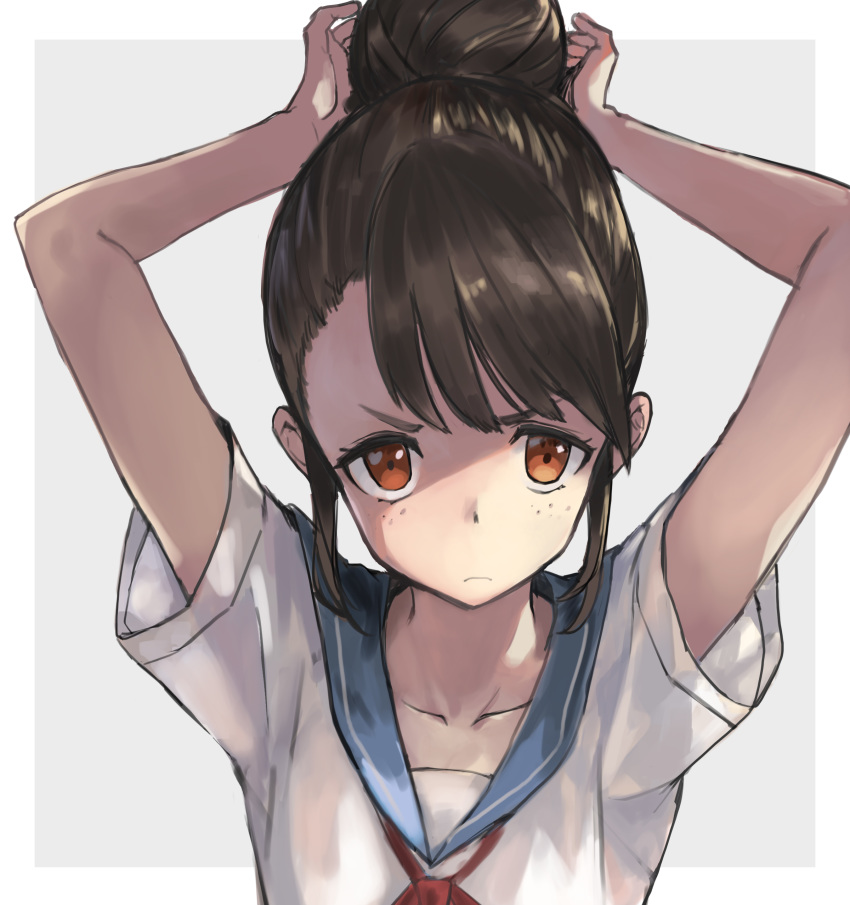 &gt;:( 1girl 2019 absurdres adjusting_hair arms_up asymmetrical_bangs bangs border brown_eyes brown_hair character_request close-up collarbone copyright_request darkers freckles grey_background hair_bun highres medium_hair painttool_sai_(medium) photoshop_(medium) red_neckwear school_uniform see-through_sleeves serafuku shaded_face shirt short_sleeves sidelocks solo two-tone_background upper_body v-shaped_eyebrows white_border white_shirt