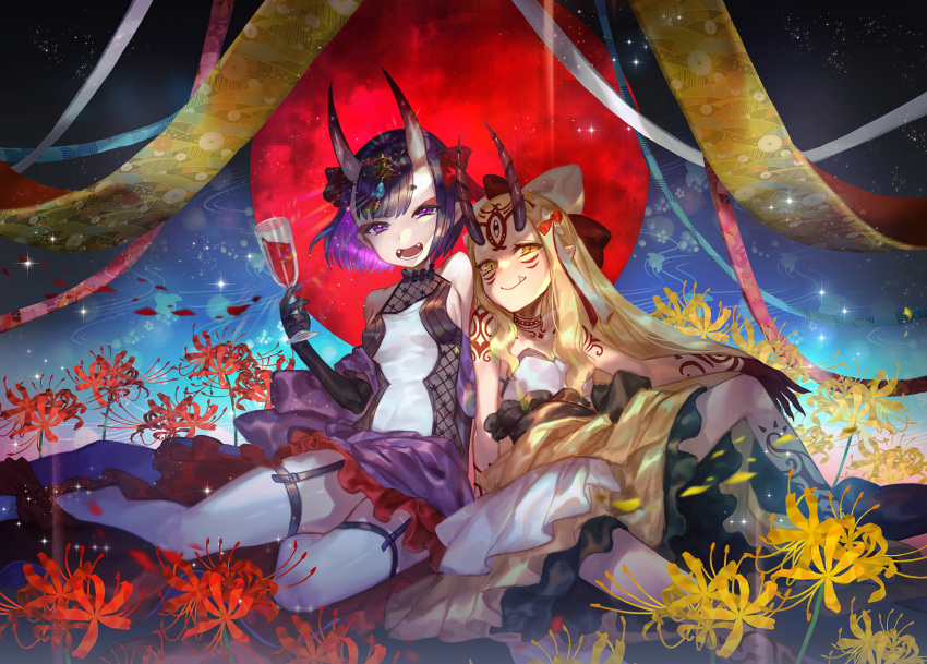 2girls ankle_ribbon bangs bare_shoulders blonde_hair bob_cut breasts closed_mouth cup dress drinking_glass emoillu eyeliner facial_mark fangs fate/grand_order fate_(series) flower forehead forehead_mark hair_pulled_back hair_ribbon headpiece highres horns ibaraki_douji_(fate/grand_order) knee_up legs long_sleeves looking_at_viewer makeup multiple_girls off_shoulder oni oni_horns open_clothes open_dress open_mouth pointy_ears purple_dress purple_hair red_ribbon ribbon short_dress short_hair shuten_douji_(fate/grand_order) sitting skin-covered_horns small_breasts smile spider_lily tattoo violet_eyes white_ribbon wide_sleeves yellow_eyes