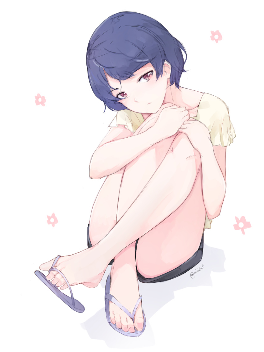 1girl black_shorts blue_footwear blue_hair crossed_ankles domestic_na_kanojo eyebrows_visible_through_hair flip-flops flower head_tilt highres leg_hug looking_at_viewer niaillust red_eyes sandals shirt short_hair short_shorts short_sleeves shorts simple_background sitting solo tachibana_rui toes white_background yellow_shirt