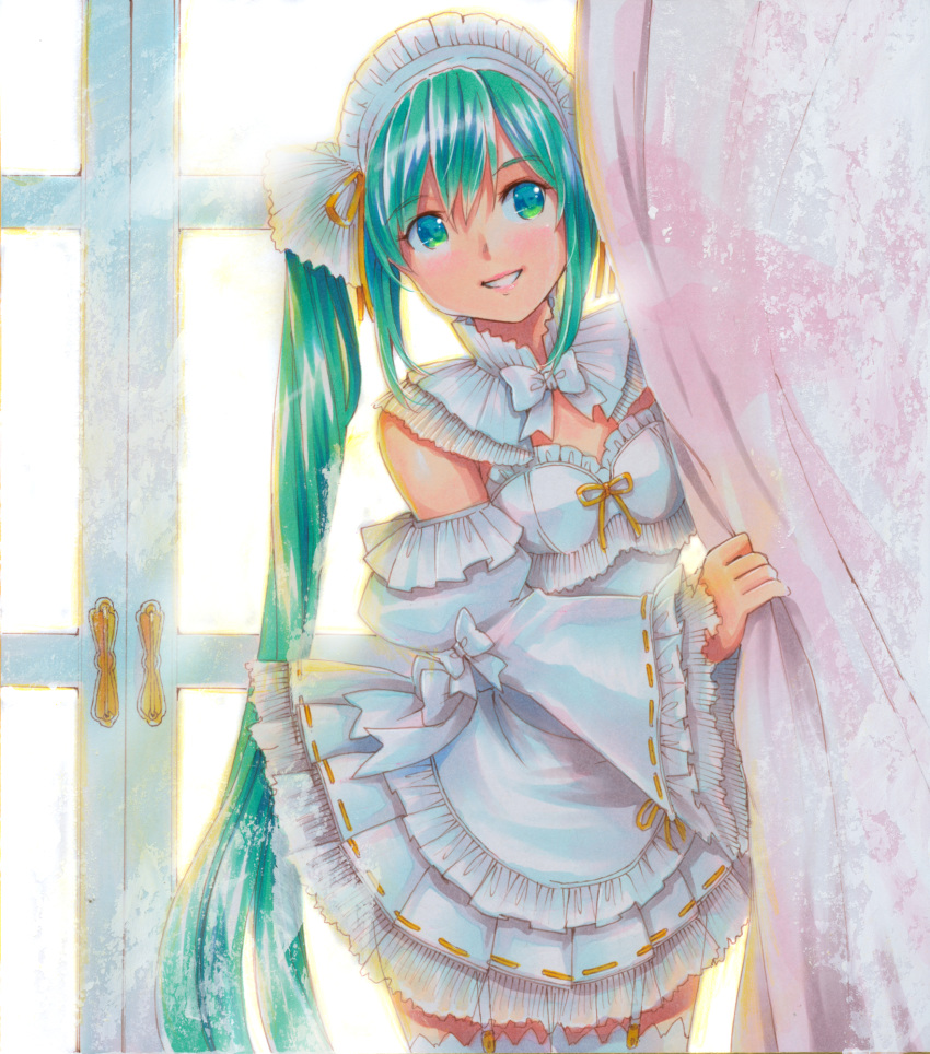 1girl backlighting bangs bow cowboy_shot curtain_grab curtains detached_sleeves door dress english_commentary frilled_dress frills garter_straps green_eyes green_hair hatsune_miku highres long_hair looking_at_viewer maid_headdress marker_(medium) mayo_riyo pleated_dress ribbed_dress ribbon-trimmed_sleeves ribbon_trim see-through side_ponytail sidelocks smile solo thigh-highs traditional_media very_long_hair vocaloid white_bow white_legwear white_theme wide_sleeves
