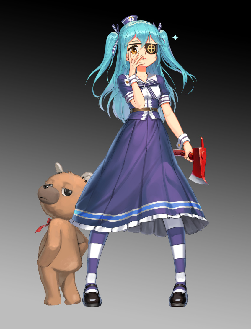 1girl absurdres axe black_eyepatch blue_hair dress fire_axe full_body hat highres last_origin long_hair looking_at_viewer lrl_(last_origin) mary_janes pantyhose print_eyepatch sailor_dress sailor_hat shoes striped striped_legwear stuffed_animal stuffed_toy taktori teddy_bear two_side_up yellow_eyes