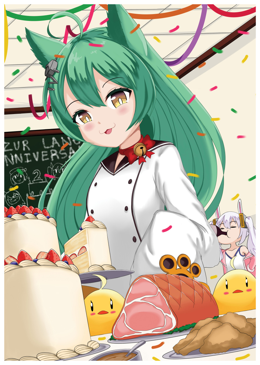 2girls :3 absurdres akashi_(azur_lane) animal_ears azur_lane bangs bell bell_choker bottle cake camisole cat_ears chalkboard choker confetti double-breasted drinking eyebrows_visible_through_hair fake_animal_ears food green_hair hair_between_eyes highres holding holding_plate jacket laffey_(azur_lane) long_hair meat multiple_girls pink_jacket plate rabbit_ears sleeves_past_fingers sleeves_past_wrists table warden_(jadol_9) yellow_eyes