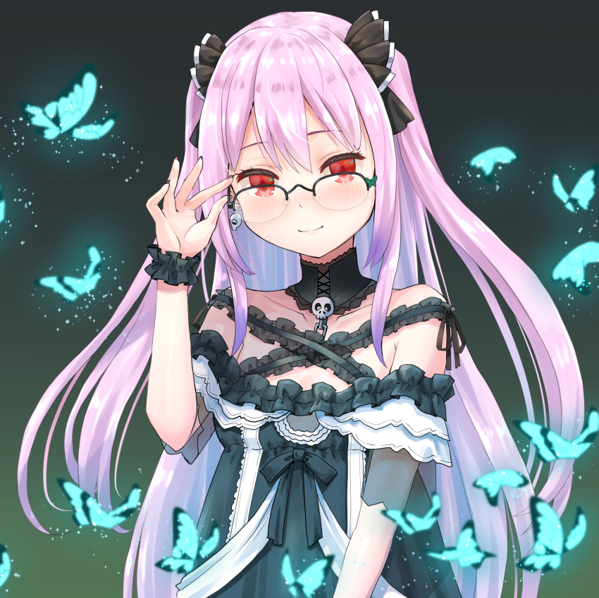 1girl alternate_costume alternate_hair_color alternate_hair_length alternate_hairstyle bespectacled blush bow breasts bug butterfly commentary_request dress glasses hair_bow haniwa_(leaf_garden) highres hololive insect long_hair looking_at_viewer off-shoulder_dress off_shoulder pink_hair red_eyes skull small_breasts smile solo upper_body uruha_rushia virtual_youtuber wrist_cuffs