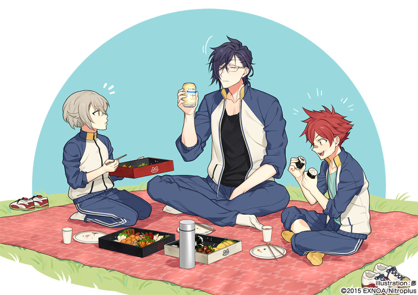 3boys aizen_kunitoshi akashi_kuniyuki bandaid bandaid_on_nose beer_can blanket can chopsticks closed_eyes food food_on_face glasses green_eyes hair_ornament hairclip hotarumaru indian_style male_focus multiple_boys obentou official_art open_mouth plate purple_hair redhead rice rice_on_face rururara seiza shoes_removed silver_hair sitting smile sushi touken_ranbu track_suit yellow_eyes