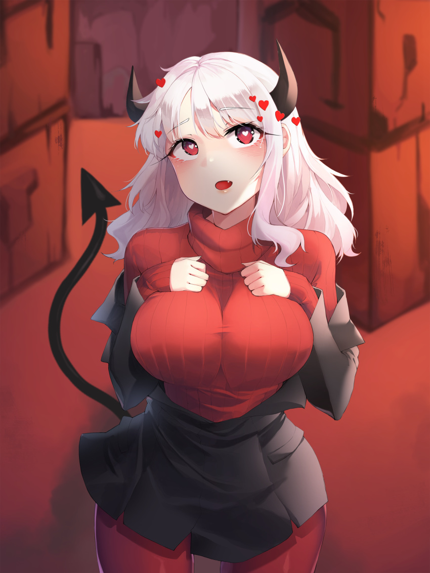 1girl :d absurdres bil-ajeossi black_jacket blush box breasts bright_pupils cowboy_shot demon_girl demon_horns demon_tail fang hands_on_own_chest heart heart-shaped_pupils helltaker highres horns jacket large_breasts long_hair long_sleeves looking_up modeus_(helltaker) off_shoulder open_clothes open_jacket open_mouth pantyhose red_eyes red_legwear red_sweater sidelocks silver_hair sleeves_past_wrists smile solo sweater symbol-shaped_pupils tail turtleneck turtleneck_sweater