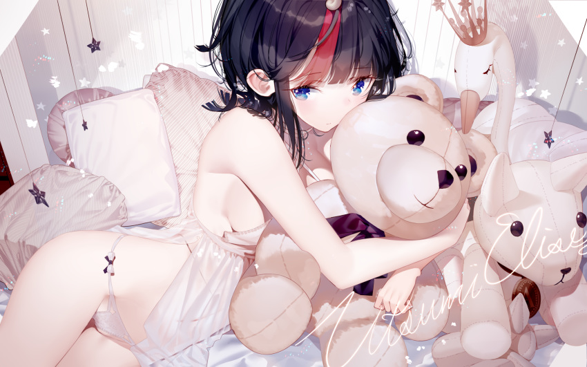 1girl atha_(leejuiping) bare_arms bare_shoulders black_hair blue_eyes bow bow_panties character_name closed_mouth commentary_request covered_navel crown fate/grand_order fate_(series) groin highres looking_at_viewer lying mini_crown multicolored_hair navel object_hug on_side painttool_sai_(medium) panties pillow redhead see-through solo star_(symbol) streaked_hair stuffed_animal stuffed_bird stuffed_dog stuffed_toy teddy_bear underwear underwear_only utsumi_erise white_panties