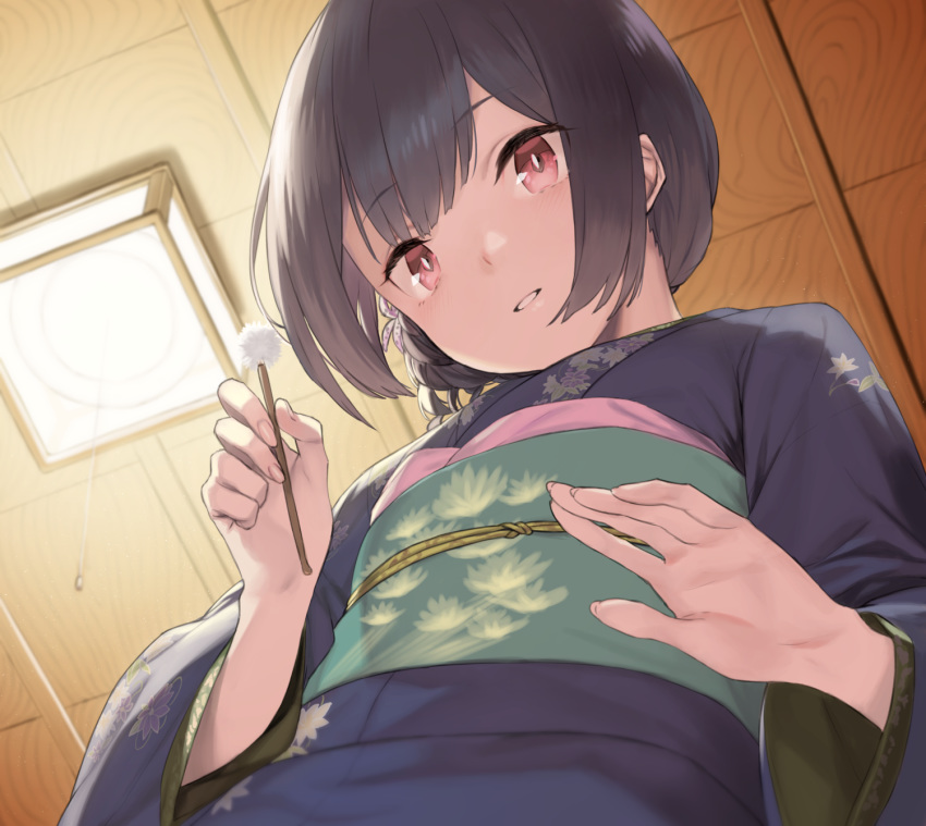 1girl 92m bangs black_hair blue_kimono ceiling ceiling_light commentary fingernails floral_print flower from_below green_belt hair_flower hair_ornament hair_up highres holding idolmaster idolmaster_shiny_colors indoors japanese_clothes kimono long_sleeves looking_down mimikaki morino_rinze obi obijime parted_lips photoshop_(medium) red_eyes sash short_hair solo wooden_ceiling