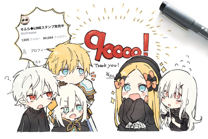2boys 3girls :d :o ? abigail_williams_(fate/grand_order) ars_almal bangs black_bow black_cape black_dress black_jacket blonde_hair blue_eyes blush bow brown_gloves cape closed_mouth commentary_request crossover dress ex_albio eyes_visible_through_hair fang fate/grand_order fate_(series) flying_sweatdrops followers gloves hair_bow hair_over_eyes hair_over_shoulder hand_on_another's_head hands_up highres hood hood_down hooded_cape horns jacket kuzuha_(nijisanji) lavinia_whateley_(fate/grand_order) long_hair long_sleeves multiple_boys multiple_girls nijisanji open_mouth orange_bow parted_bangs parted_lips pauldrons photo pointy_ears red_eyes shoulder_armor sleeves_past_fingers sleeves_past_wrists smile sofra sparkle thank_you traditional_media twitter_username v-shaped_eyebrows very_long_hair white_background white_hair