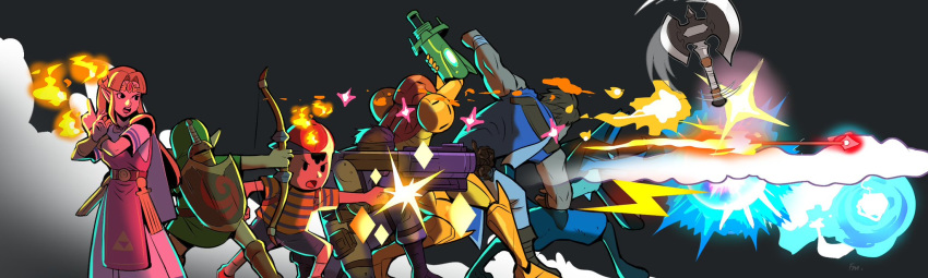 1other 2girls 3boys arm_cannon arrow_(projectile) aura_sphere axe black_background black_hair blonde_hair bow_(weapon) castlevania castlevania:_rondo_of_blood dress fire firing francisco_mon gen_4_pokemon highres image_sample long_hair lucario metroid missile mother_(game) mother_2 multiple_boys multiple_girls ness pointy_ears princess_zelda richter_belmont samus_aran serious shirt simple_background striped striped_shirt super_smash_bros. the_legend_of_zelda the_legend_of_zelda:_a_link_between_worlds throwing twitter_sample weapon white_dress young_link