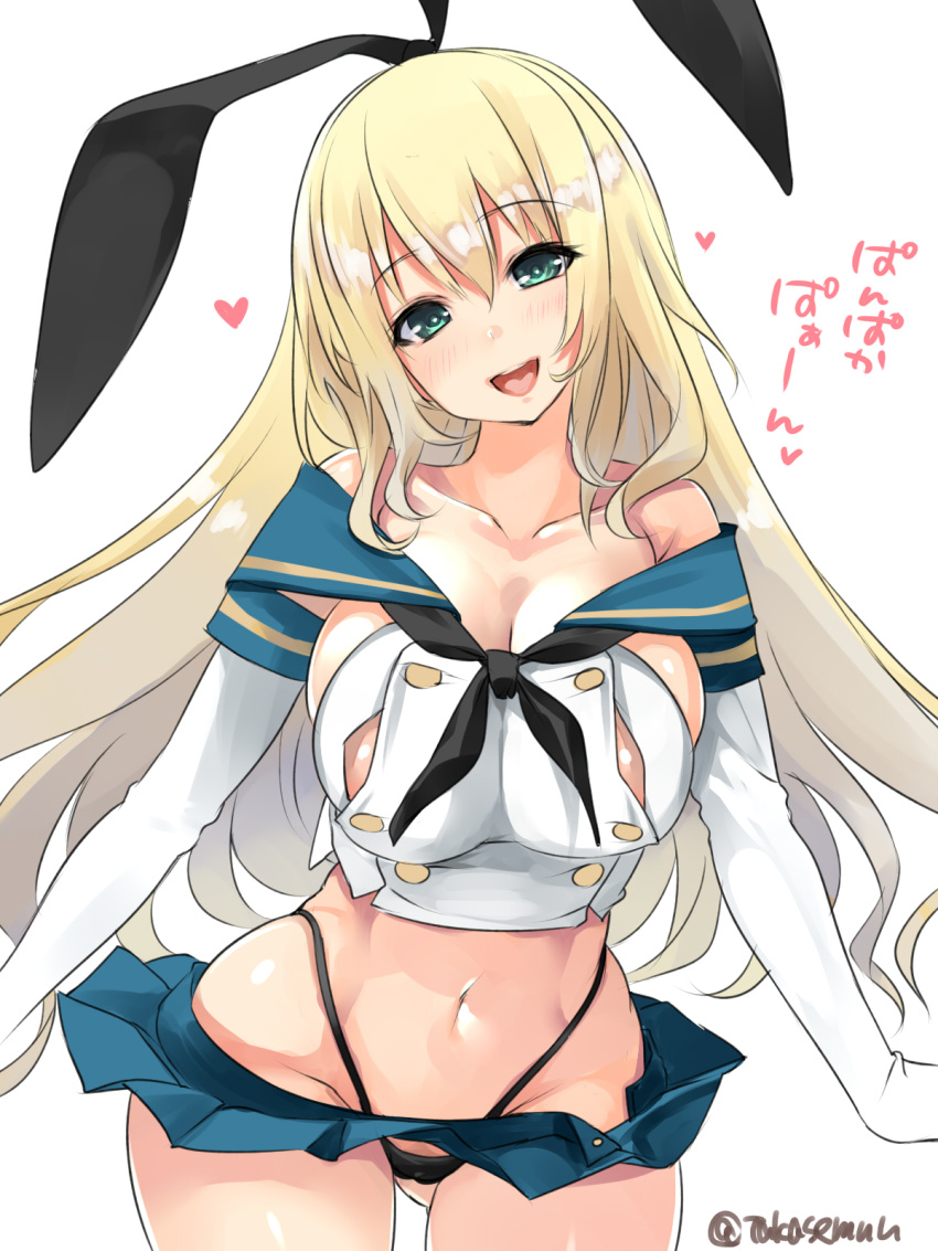 1girl adapted_costume ass_visible_through_thighs atago_(kantai_collection) black_hairband black_neckwear black_panties blonde_hair blue_sailor_collar blue_skirt breasts commentary_request cowboy_shot crop_top elbow_gloves gloves green_eyes hairband highleg highleg_panties highres kantai_collection large_breasts long_hair looking_at_viewer microskirt miniskirt neckerchief pan-pa-ka-paaan! panties pleated_skirt sailor_collar shimakaze_(kantai_collection) simple_background skirt smile solo standing takase_muu thigh-highs twitter_username underwear white_background white_gloves