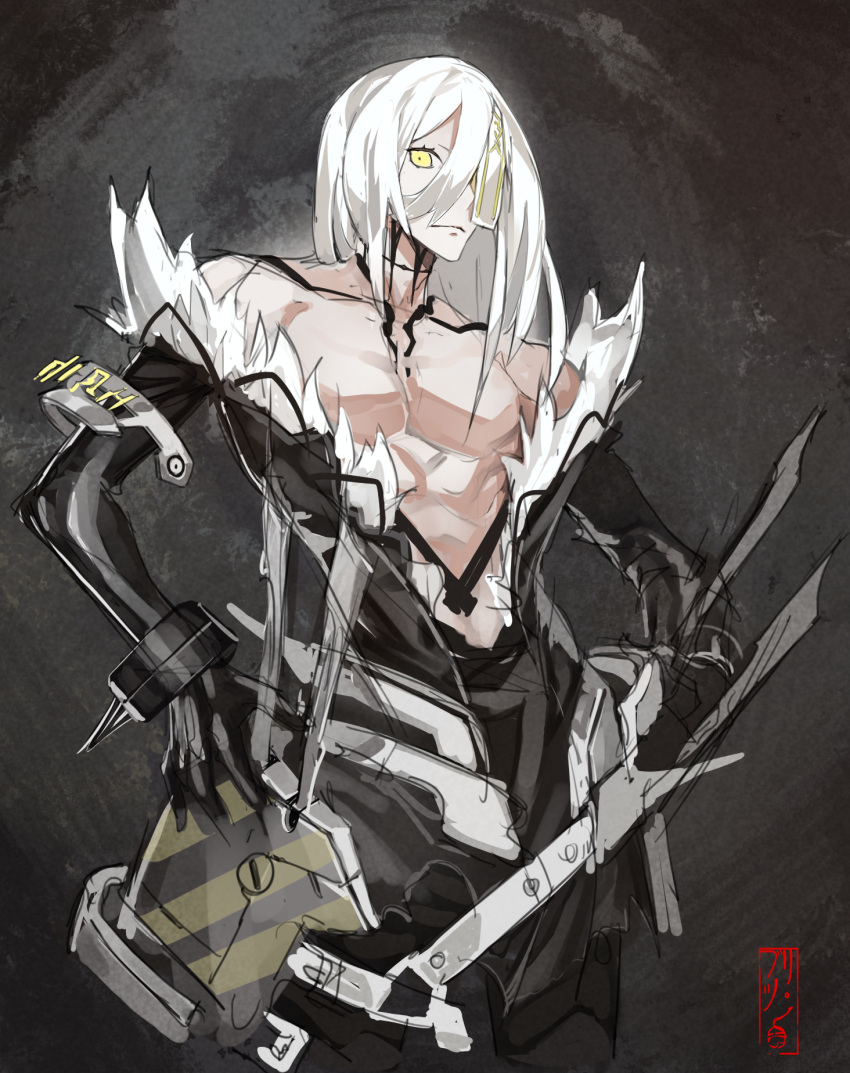 1boy bare_chest bare_shoulders belt closed_mouth collarbone fur_trim hair_between_eyes highres long_hair madiblitz male_focus muscle original signature sketch solo spikes talisman weapon white_hair yellow_eyes