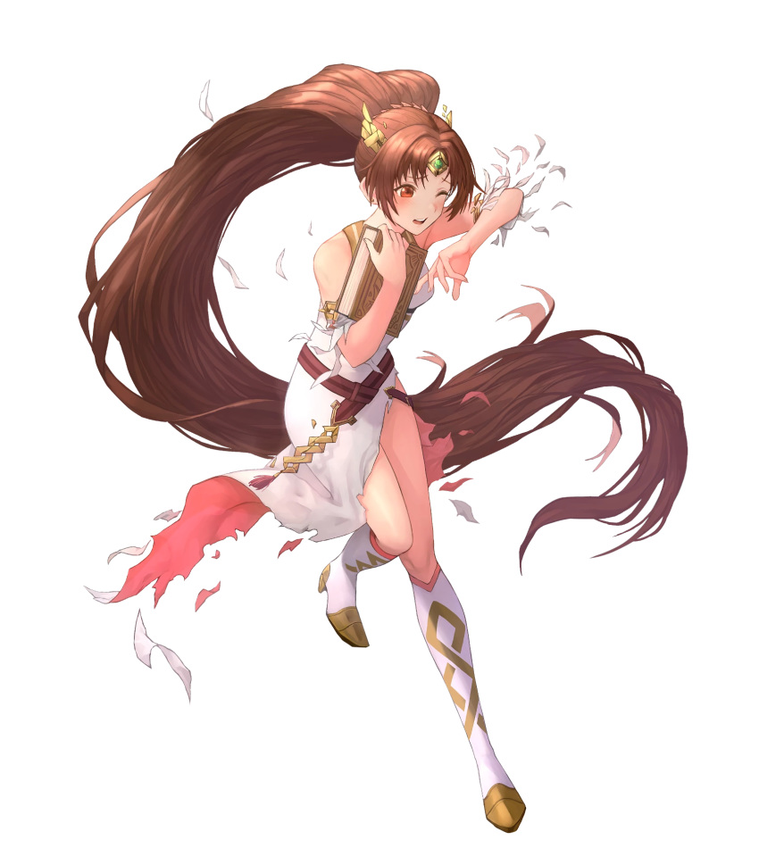 1girl alternate_costume bangs bare_shoulders belt boots breasts brown_eyes brown_hair collarbone dress earrings fire_emblem fire_emblem:_new_mystery_of_the_emblem fire_emblem_heroes full_body hair_ornament highres jewelry knee_boots linde_(fire_emblem) long_dress long_hair official_art side_slit sleeveless sleeveless_dress solo tied_hair transparent_background very_long_hair white_dress white_footwear