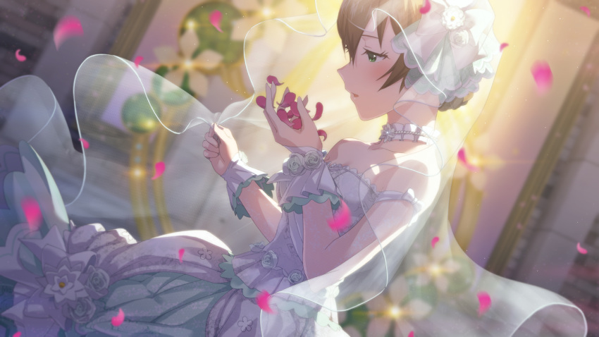 1girl arm_ribbon backlighting bangs bare_shoulders blurry blurry_background bow breasts bridal_veil brown_hair choker collarbone depth_of_field dress dress_flower dutch_angle floral_print flower frilled_choker frills from_side green_eyes hair_between_eyes hair_bow hands_up holding holding_petal idolmaster idolmaster_million_live! idolmaster_million_live!_theater_days indoors layered_dress light_blush light_particles looking_away looking_down medium_breasts mishio parted_lips petals print_dress profile ribbon rose_petals sakuramori_kaori see-through short_hair solo standing strapless strapless_dress upper_body veil wedding_dress white_bow white_choker white_dress white_flower white_ribbon wrist_cuffs
