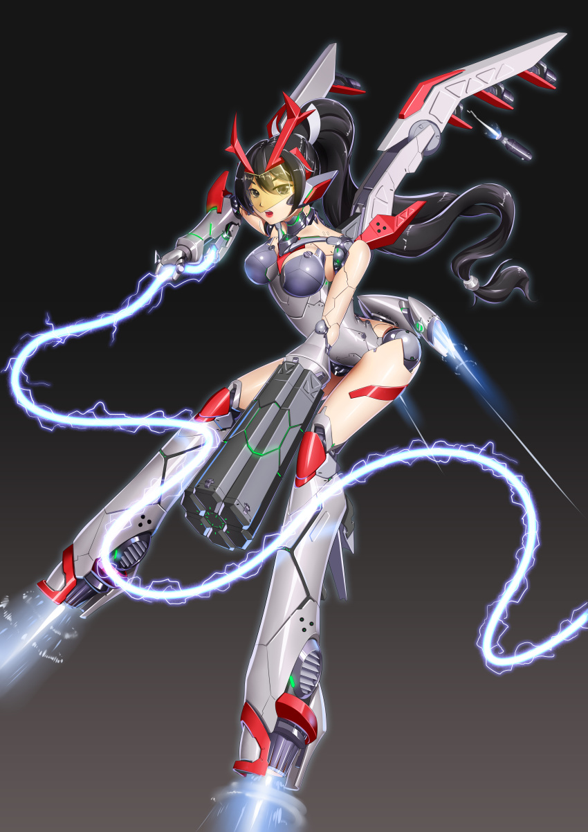 1girl absurdres android arm_cannon black_eyes black_hair commentary_request energy_whip full_body gradient gradient_background highres joints long_hair mechanical_wings original ponytail robot_joints simple_background solo thrusters very_long_hair visor weapon whip wings yin_gren