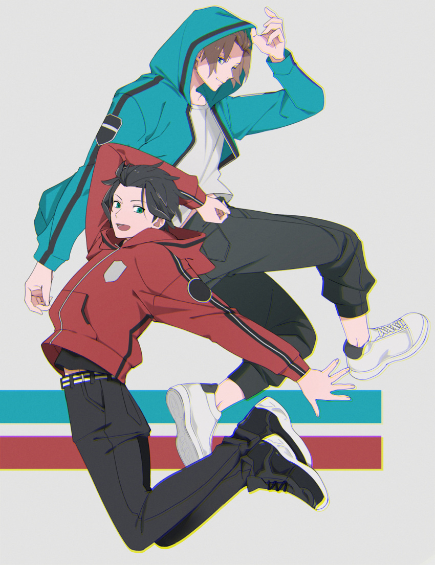 2boys :d adapted_costume adjusting_clothes aqua_jacket arashiyama_jun arm_up belt black_footwear black_hair black_pants black_shirt blue_eyes brown_hair closed_mouth cross-laced_footwear crossed_ankles from_side full_body grey_background hair_slicked_back hand_on_headwear hand_up highres hood hood_down hood_up hooded_jacket jacket jin_yuuichi jumping long_sleeves looking_at_viewer male_focus midriff_peek multiple_boys open_clothes open_jacket open_mouth outstretched_arm pants pocket red_jacket shirt shoes smile sneakers t-shirt track_jacket white_footwear white_shirt world_trigger yawai_tofu