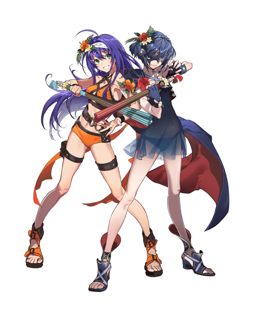 2girls absurdres ahoge bangs belt blue_hair braid breasts collarbone commentary eyebrows_visible_through_hair fingerless_gloves fingernails fire_emblem fire_emblem:_radiant_dawn fire_emblem_awakening fire_emblem_heroes flower full_body gloves green_eyes hairband hibiscus highres holding looking_at_viewer marth_(fire_emblem_awakening) mask medium_breasts mia_(fire_emblem) multiple_girls navel official_art parted_lips sandals see-through simple_background smile stomach swimsuit tied_hair white_background yoneyama_mai