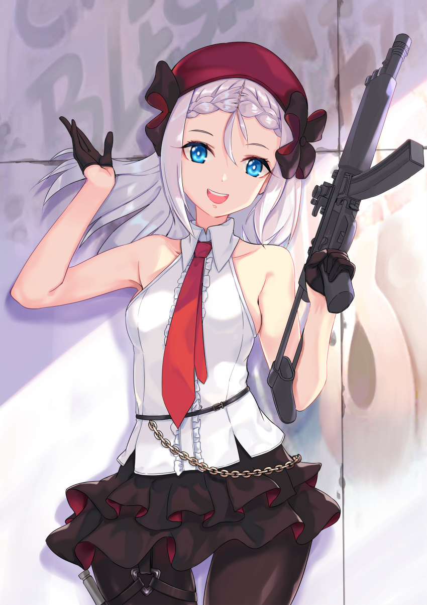 1girl absurdres belt beret blonde_hair blouse blue_eyes bow braid breasts chain frilled_skirt frills girls_frontline gloves gun h&amp;k_mp5 hat heckler_&amp;_koch highres holding holding_gun holding_weapon jamgom looking_at_viewer magazine_(weapon) medium_hair mod3_(girls_frontline) mp5_(girls_frontline) necktie open_mouth pantyhose shirt skirt sleeveless sleeveless_shirt small_breasts smile standing submachine_gun thigh_strap trigger_discipline weapon