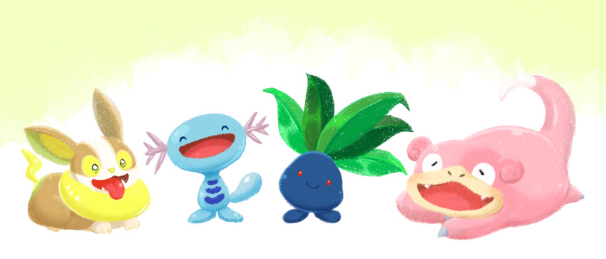 ^_^ ^o^ chamaji closed_eyes fangs gen_1_pokemon gen_2_pokemon gen_8_pokemon highres no_humans oddish open_mouth pokemon pokemon_(creature) red_eyes slowpoke smile tail tongue tongue_out wooper yamper