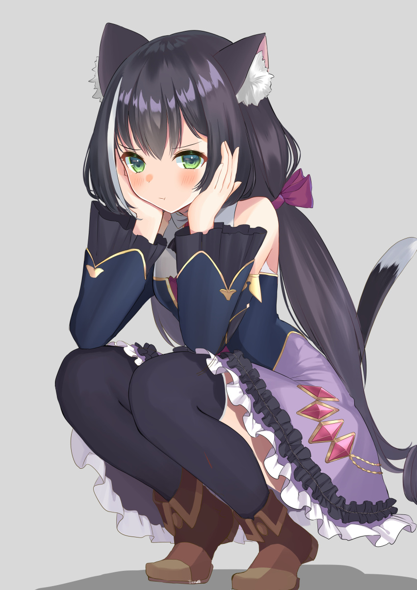 1girl absurdres animal_ears bare_shoulders black_hair cat_ears cat_tail chan'nu detached_sleeves frilled_skirt frills green_eyes grey_background hair_ribbon hand_on_own_face highres karyl_(princess_connect!) looking_at_viewer low_twintails multicolored_hair pout princess_connect! princess_connect!_re:dive ribbon shoes skirt squatting streaked_hair tail thigh-highs twintails
