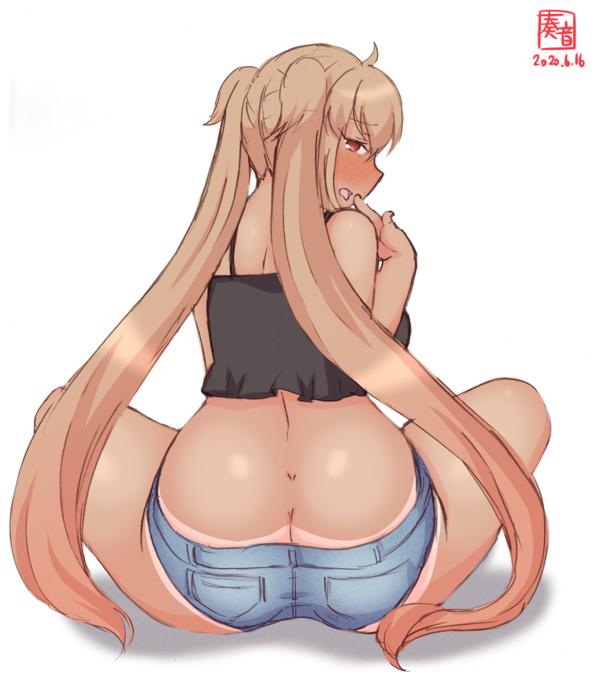1girl alternate_costume artist_logo ass black_camisole blue_shorts butt_crack camisole commentary_request dated denim denim_shorts frilled_camisole from_behind highres kanon_(kurogane_knights) kantai_collection light_brown_hair long_hair looking_at_viewer looking_back murasame_(kantai_collection) red_eyes short_shorts shorts simple_background sitting solo tan tanline twintails white_background