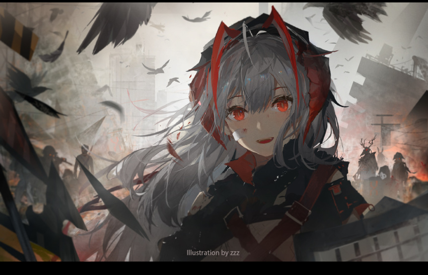 1girl :d ahoge alternate_hair_length alternate_hairstyle arknights artist_name bandage_on_face bird black_jacket blood building burning city commentary crownslayer_(arknights) demon_horns english_commentary english_text eyelashes fangs feathers fire frostnova_(arknights) grey_sky hair_between_eyes highres horns injury jacket letterboxed long_hair looking_at_viewer multicolored_hair open_mouth outdoors patriot_(arknights) red_eyes redhead reunion_soldier_(arknights) ruins silhouette silver_hair smile smoke solo_focus strap streaked_hair torn_clothes two-tone_hair upper_body w_(arknights) zzz_(orchid-dale)