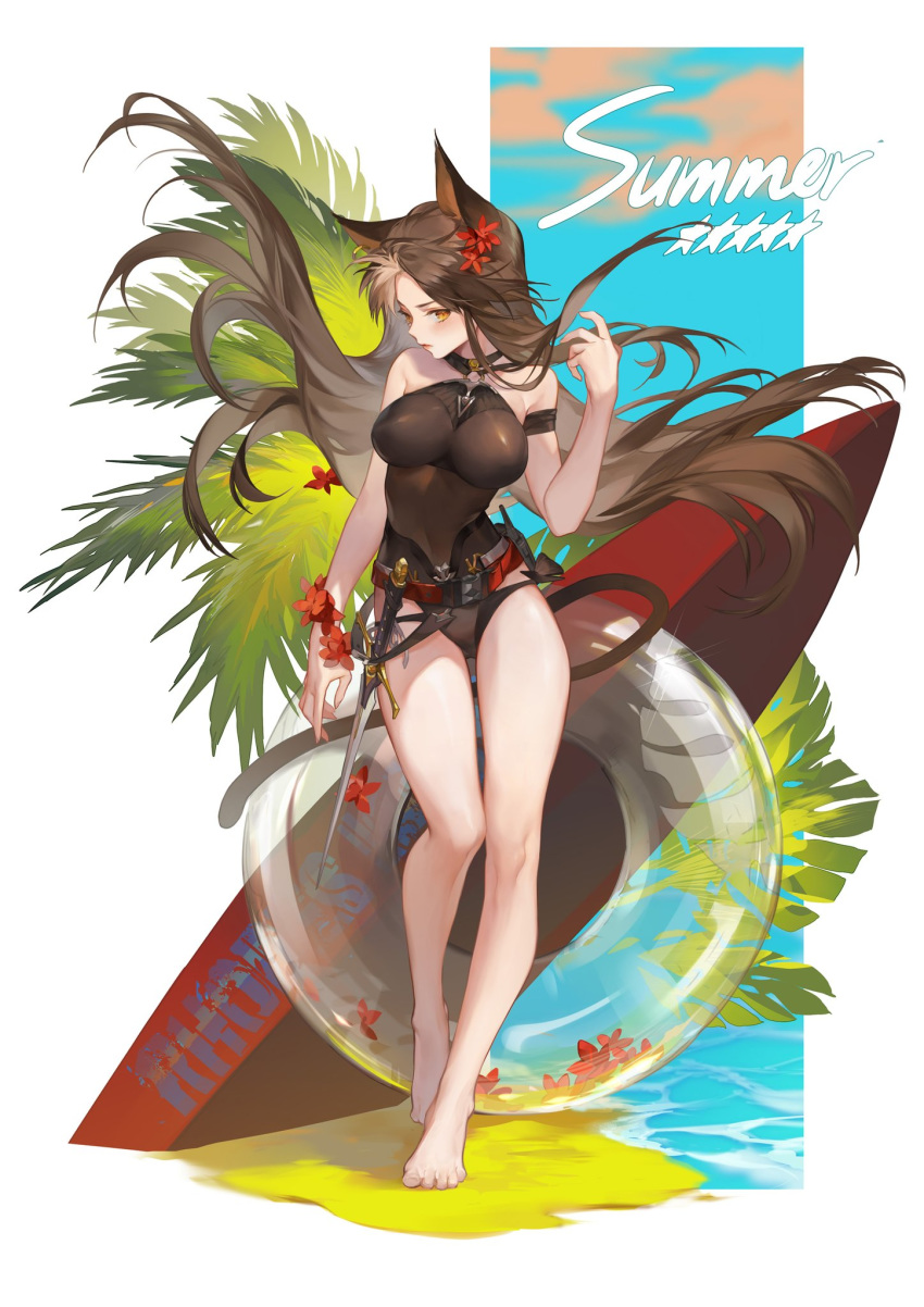 1girl animal_ears arknights bangs bare_legs breasts brown_eyes brown_hair cat_tail flower full_body hair_flower hair_ornament highres innertube large_breasts long_hair looking_at_viewer skyfire_(arknights) solo surfboard swimsuit sword tail weapon xian_yu_(dxhkcomtlyntzbm)