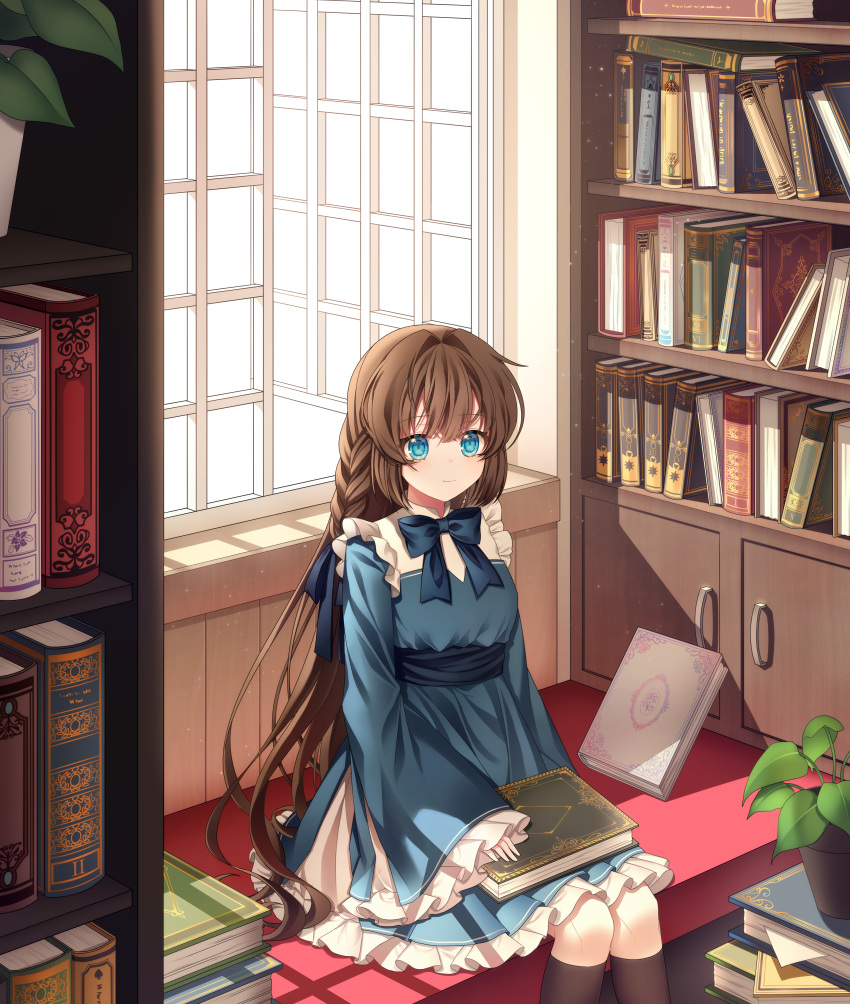 1girl absurdres bangs black_legwear blue_eyes blue_ribbon book book_stack bookshelf bow braid brown_hair commentary_request dress eyebrows_visible_through_hair frilled_dress frills green_dress hair_ribbon hara_(xper8243) highres huge_filesize indoors kneehighs long_hair long_sleeves looking_at_viewer open_window original plant potted_plant ribbon sitting sleeves_past_wrists solo wide_sleeves window